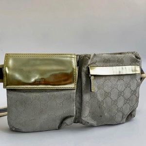 Pre Owned Gucci GG canvas Fanny waist pouch Gold Tone Leather pattern- material